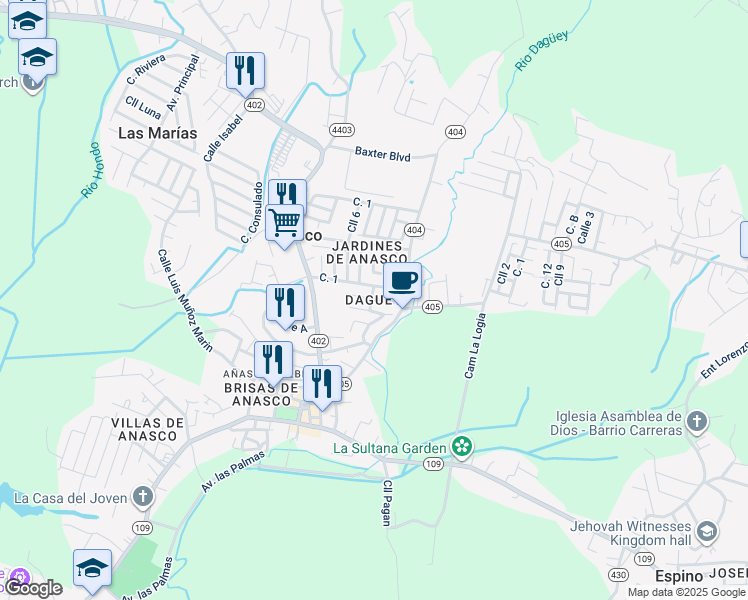 map of restaurants, bars, coffee shops, grocery stores, and more near in Añasco