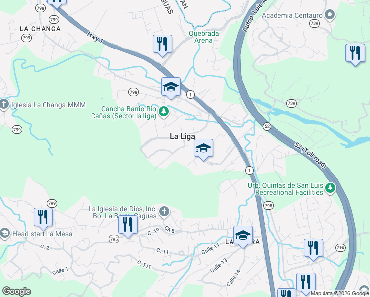 map of restaurants, bars, coffee shops, grocery stores, and more near Calle San Ignacio in Caguas