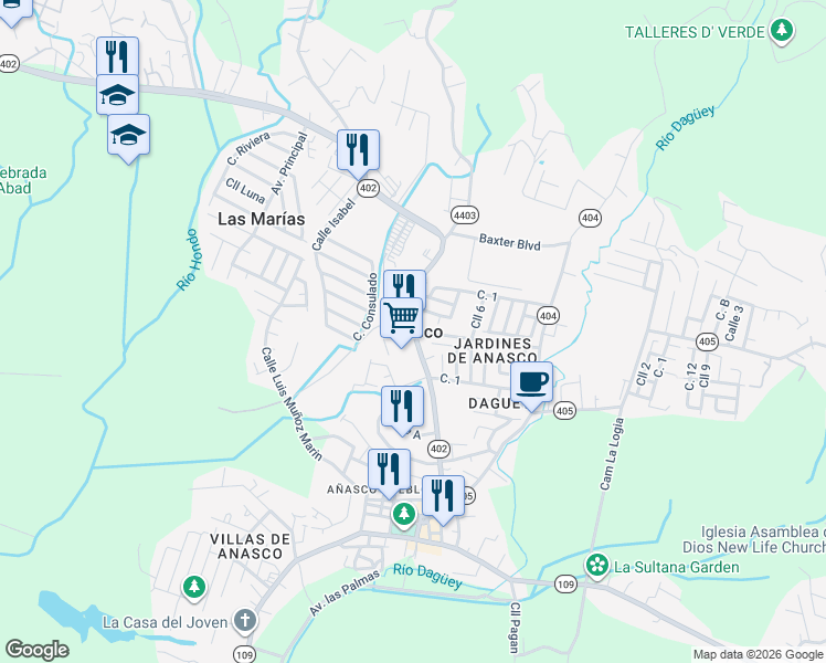 map of restaurants, bars, coffee shops, grocery stores, and more near in Añasco