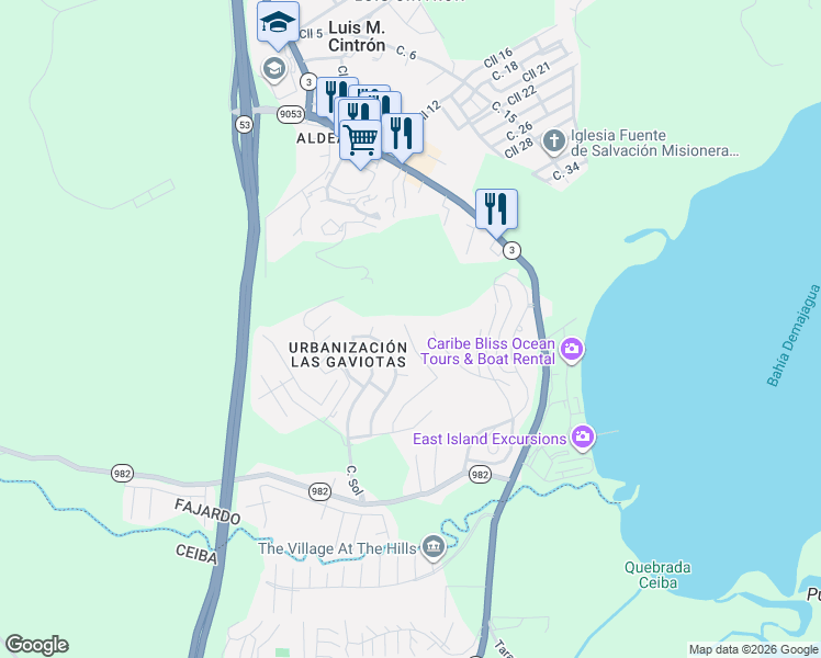 map of restaurants, bars, coffee shops, grocery stores, and more near D15 Calle Marte in Fajardo