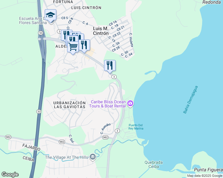 map of restaurants, bars, coffee shops, grocery stores, and more near c45 Calle Las Flores in Fajardo
