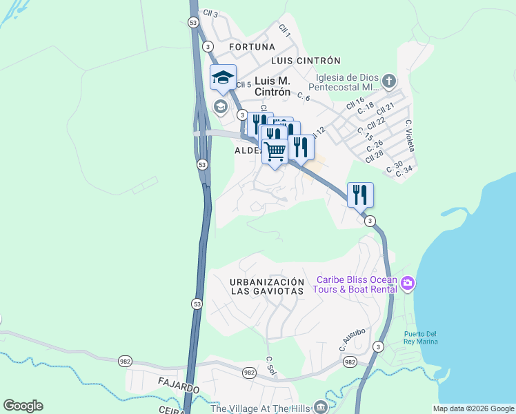 map of restaurants, bars, coffee shops, grocery stores, and more near in Fajardo