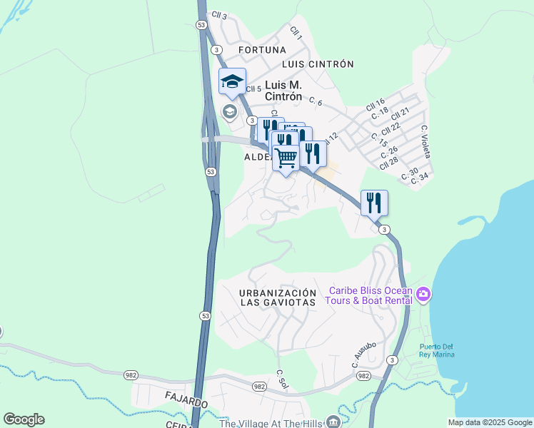 map of restaurants, bars, coffee shops, grocery stores, and more near in Fajardo