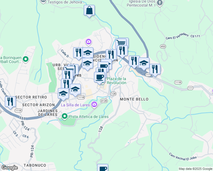 map of restaurants, bars, coffee shops, grocery stores, and more near in Lares
