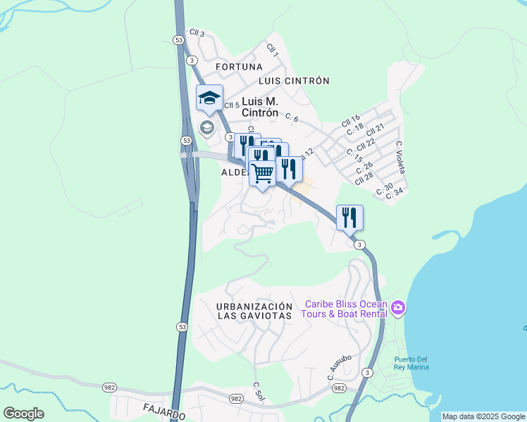 map of restaurants, bars, coffee shops, grocery stores, and more near Highway 3 in Fajardo