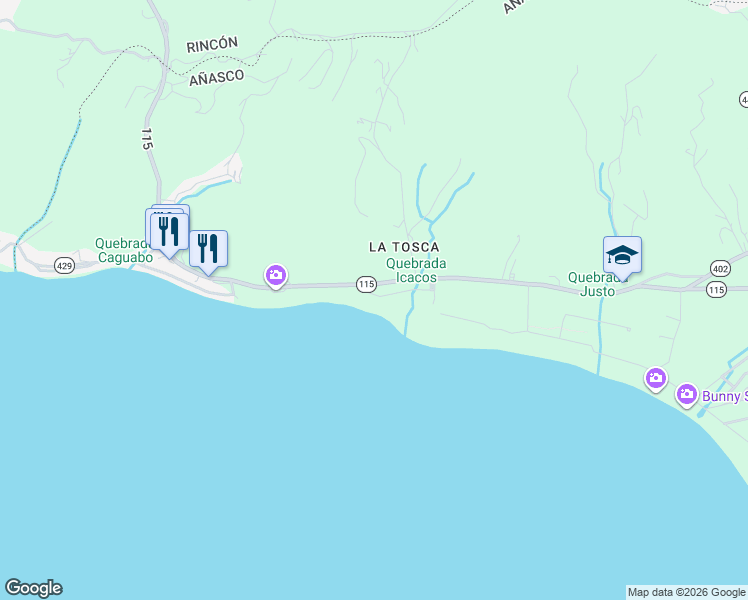 map of restaurants, bars, coffee shops, grocery stores, and more near KM 5.8 Puerto Rico 115 in Añasco