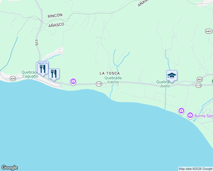 map of restaurants, bars, coffee shops, grocery stores, and more near KM 5.8 Puerto Rico 115 in Añasco