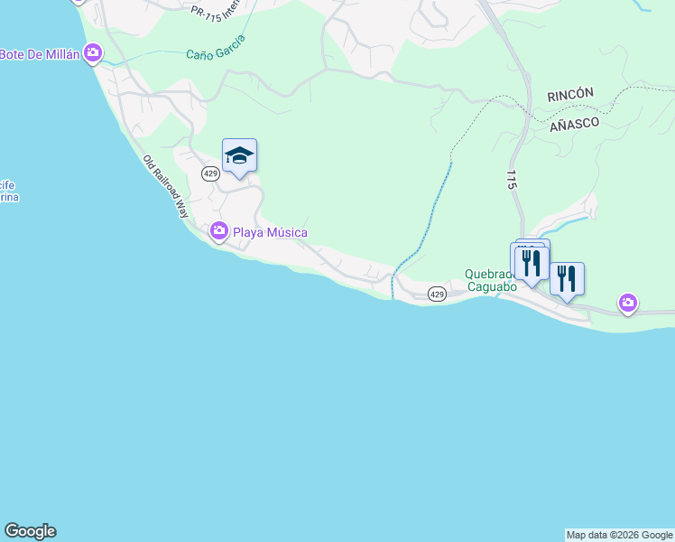 map of restaurants, bars, coffee shops, grocery stores, and more near 1132 Puerto Rico 429 in Rincón