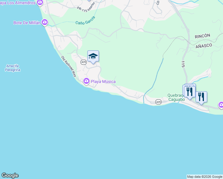 map of restaurants, bars, coffee shops, grocery stores, and more near 1132 Puerto Rico 429 in Rincon