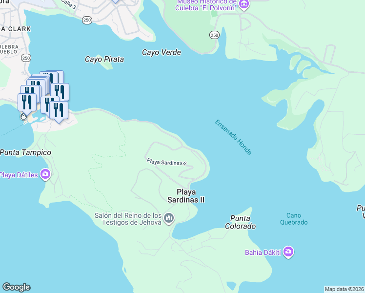 map of restaurants, bars, coffee shops, grocery stores, and more near in Playa Sardinas II