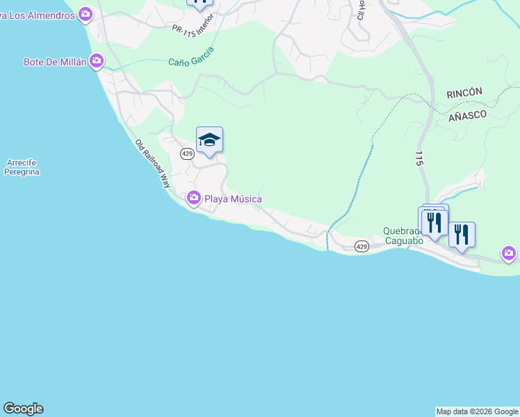 map of restaurants, bars, coffee shops, grocery stores, and more near 1132 Puerto Rico 429 in Rincon