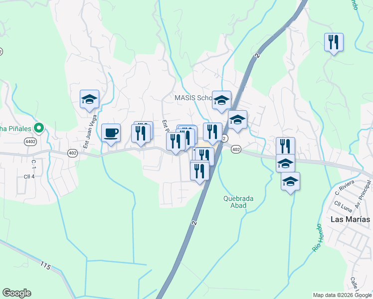 map of restaurants, bars, coffee shops, grocery stores, and more near Puerto Rico 402 in Añasco