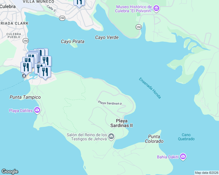 map of restaurants, bars, coffee shops, grocery stores, and more near in Playa Sardinas II