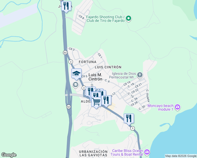 map of restaurants, bars, coffee shops, grocery stores, and more near in Luis M. Cintrón