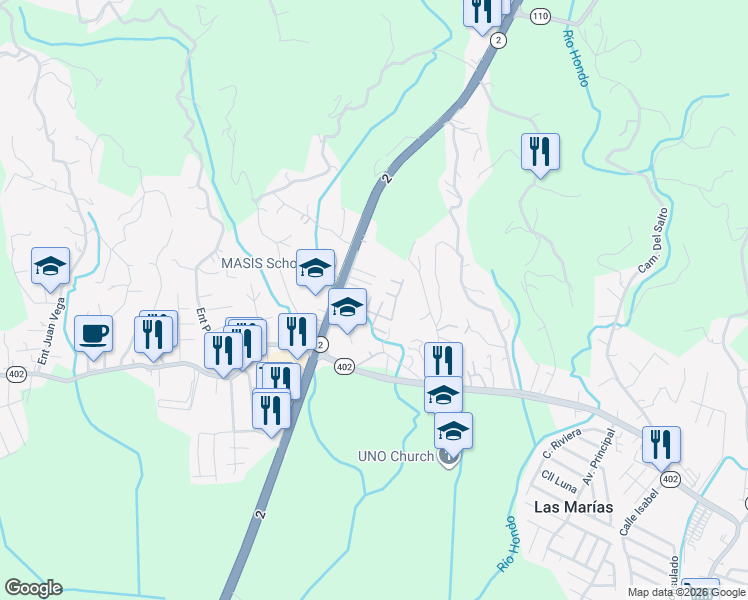 map of restaurants, bars, coffee shops, grocery stores, and more near Sec Coracol in Añasco
