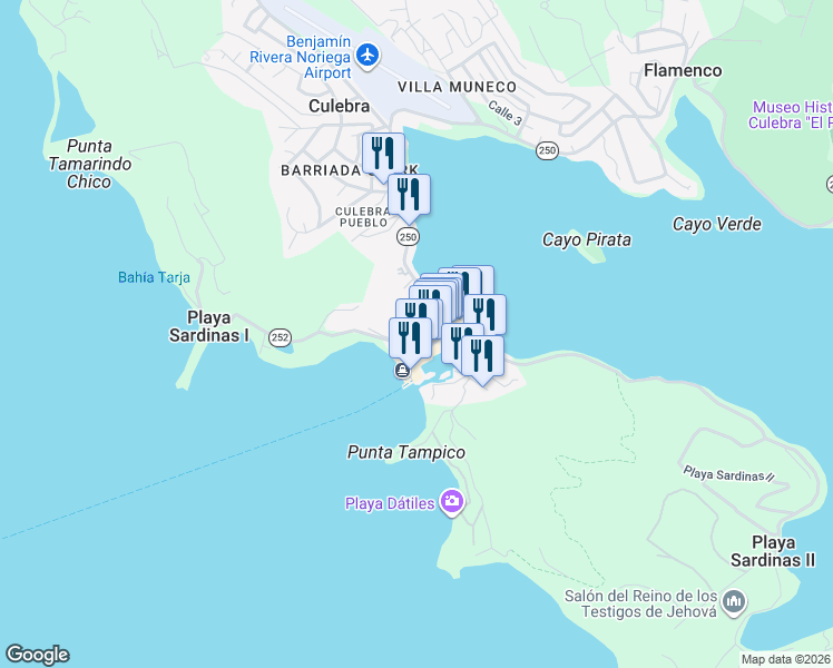 map of restaurants, bars, coffee shops, grocery stores, and more near Calle w Font in Culebra