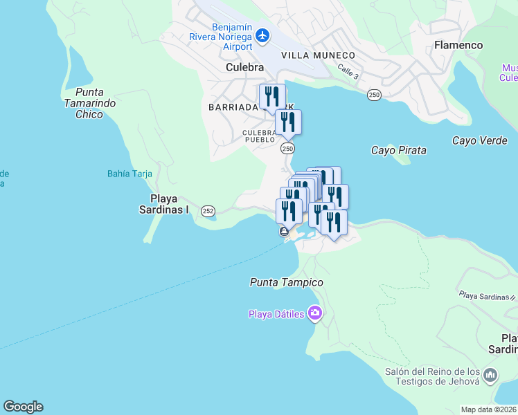 map of restaurants, bars, coffee shops, grocery stores, and more near Calle William Font in Culebra