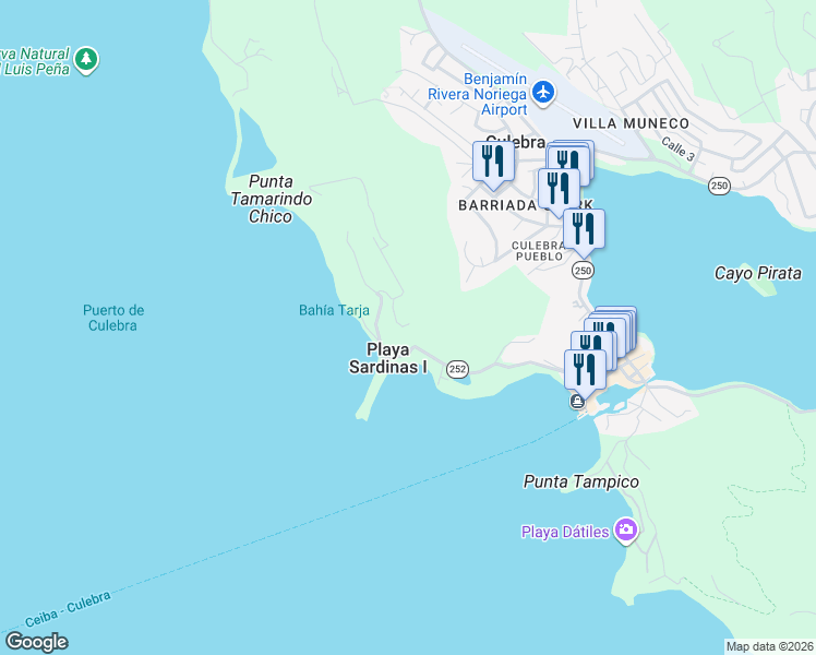 map of restaurants, bars, coffee shops, grocery stores, and more near Puerto Rico 252 in Culebra