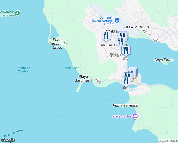 map of restaurants, bars, coffee shops, grocery stores, and more near Puerto Rico 252 in Culebra