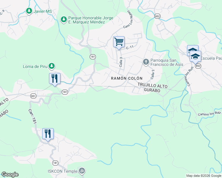 map of restaurants, bars, coffee shops, grocery stores, and more near 4 Calle Padre Claro in Trujillo Alto