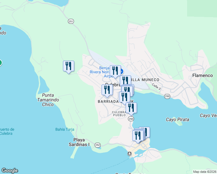 map of restaurants, bars, coffee shops, grocery stores, and more near in Culebra