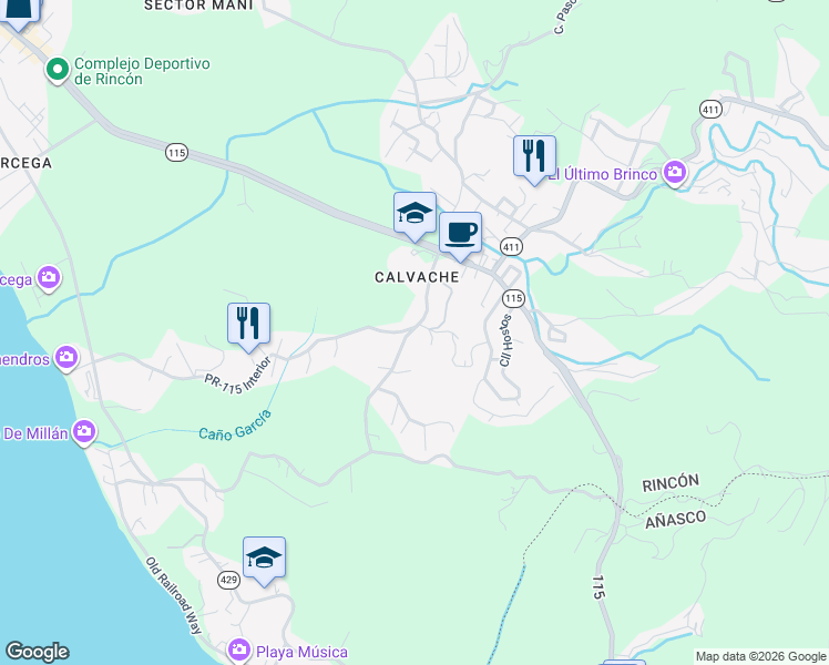 map of restaurants, bars, coffee shops, grocery stores, and more near PR-115 Int in Aguada
