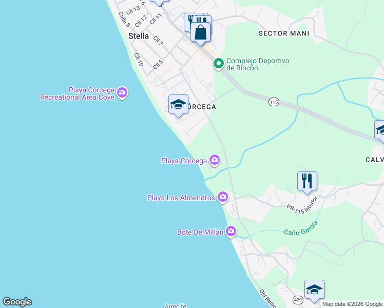 map of restaurants, bars, coffee shops, grocery stores, and more near Calle Via Bergoaere in Rincón