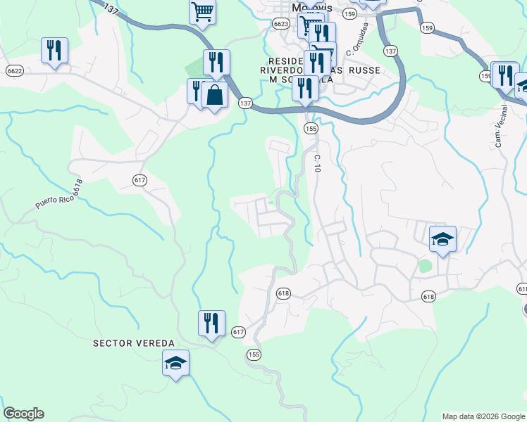 map of restaurants, bars, coffee shops, grocery stores, and more near Calle Palma Datileras in Morovis
