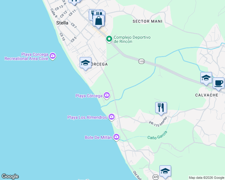 map of restaurants, bars, coffee shops, grocery stores, and more near Highway 429 in Rincón