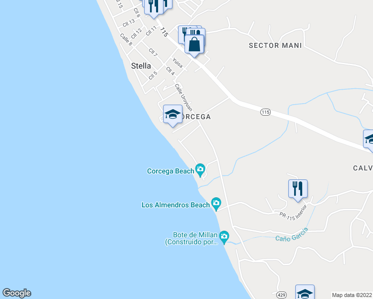 map of restaurants, bars, coffee shops, grocery stores, and more near Calle Via Bergoaere in Rincón