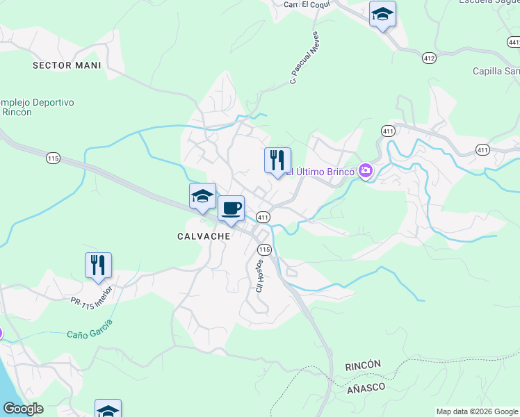 map of restaurants, bars, coffee shops, grocery stores, and more near Puerto Rico 115 in Aguada