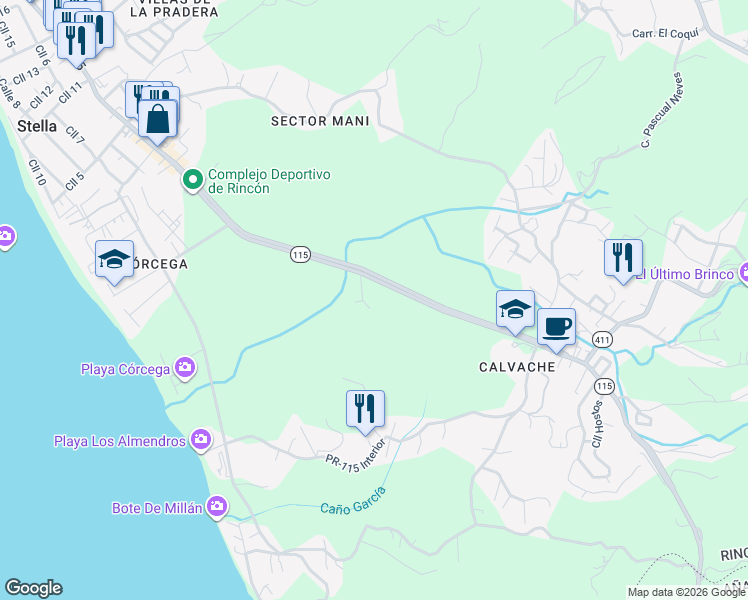 map of restaurants, bars, coffee shops, grocery stores, and more near in Rincon