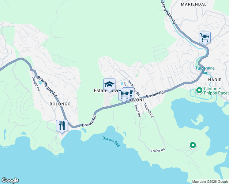 map of restaurants, bars, coffee shops, grocery stores, and more near Bovoni Road in Estate Bovoni