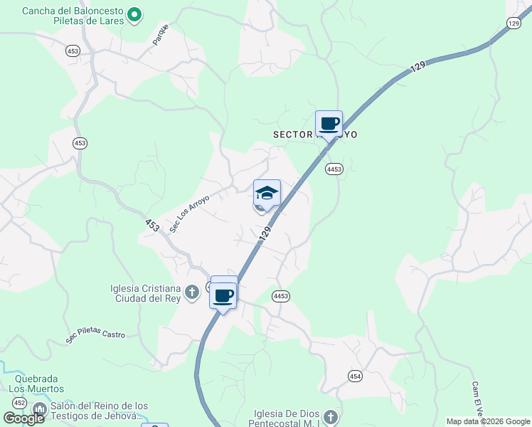 map of restaurants, bars, coffee shops, grocery stores, and more near Highway 129 in Lares