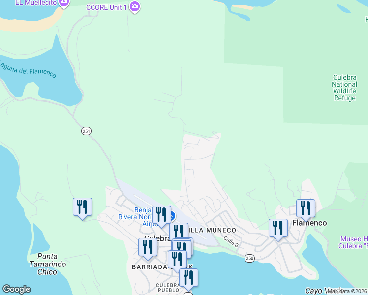 map of restaurants, bars, coffee shops, grocery stores, and more near Calle Resaca in Culebra