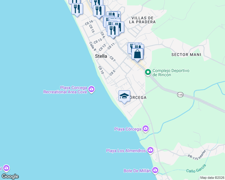 map of restaurants, bars, coffee shops, grocery stores, and more near in Rincon