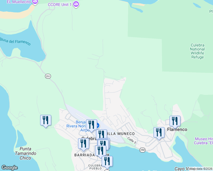 map of restaurants, bars, coffee shops, grocery stores, and more near Calle Resaca in Culebra