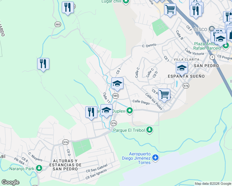 map of restaurants, bars, coffee shops, grocery stores, and more near Highway 985 in Fajardo