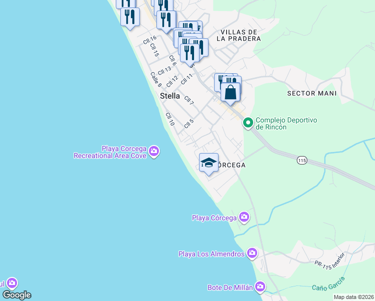 map of restaurants, bars, coffee shops, grocery stores, and more near in Rincon