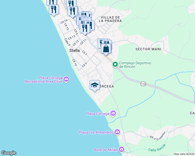 map of restaurants, bars, coffee shops, grocery stores, and more near 3416-3418 Calle 1 in Aguada