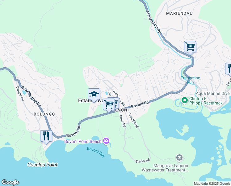 map of restaurants, bars, coffee shops, grocery stores, and more near Watergut Road in Estate Bovoni