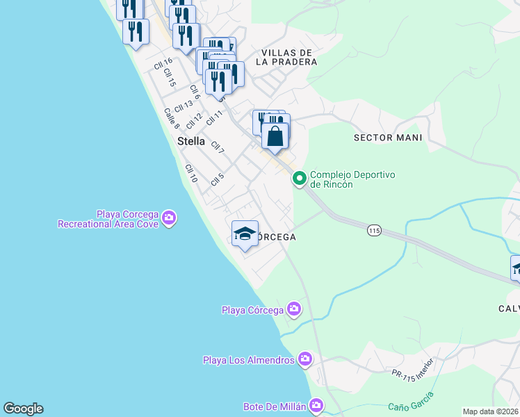map of restaurants, bars, coffee shops, grocery stores, and more near 3418 Calle Uroyuan in Aguada