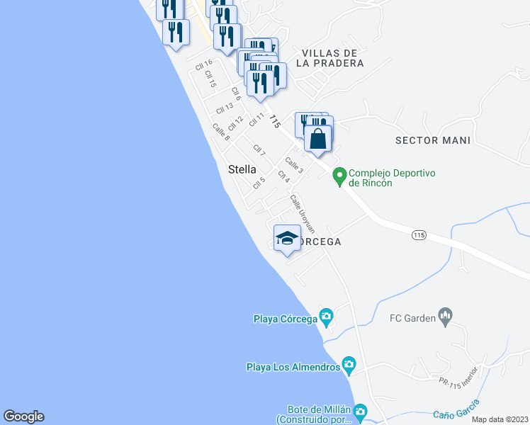map of restaurants, bars, coffee shops, grocery stores, and more near Calle Pogio Doleta in Rincón