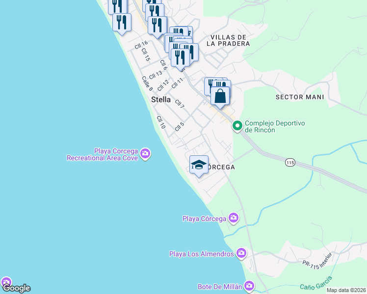 map of restaurants, bars, coffee shops, grocery stores, and more near Calle Pogio Doleta in Rincón