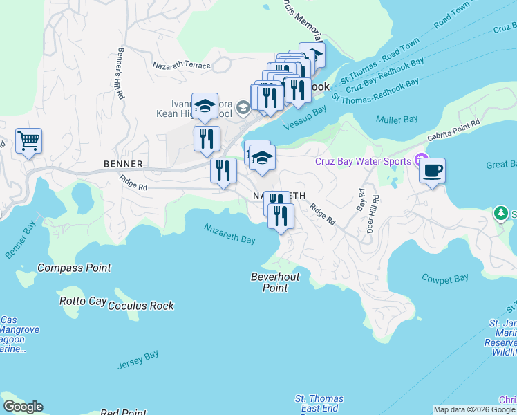 map of restaurants, bars, coffee shops, grocery stores, and more near 6280 Estate Nazareth in East End