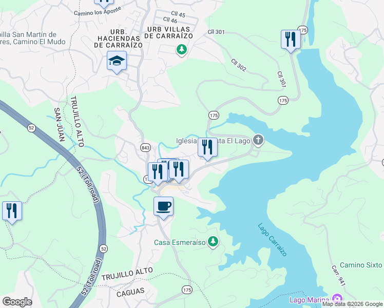 map of restaurants, bars, coffee shops, grocery stores, and more near Puerto Rico 175 in Trujillo Alto