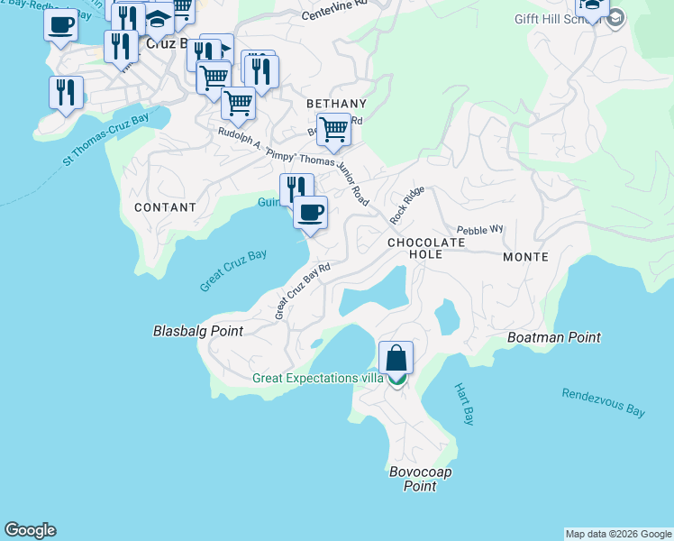 map of restaurants, bars, coffee shops, grocery stores, and more near 23 Great Cruz Bay Road in Cruz Bay