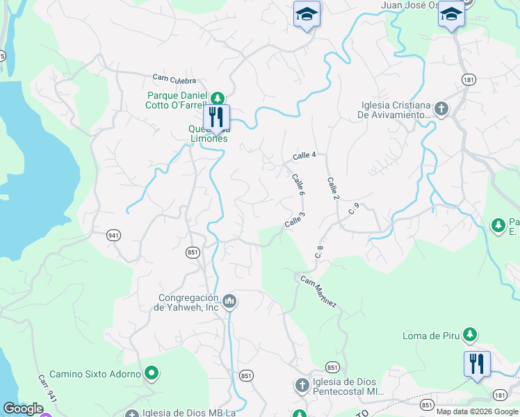 map of restaurants, bars, coffee shops, grocery stores, and more near Calle 2 in Trujillo Alto