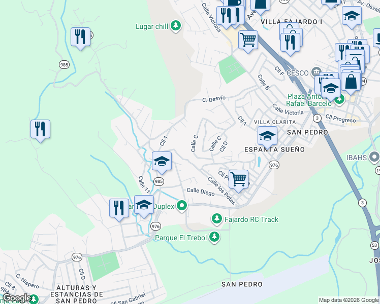 map of restaurants, bars, coffee shops, grocery stores, and more near 349 Calle Vista Hermosa in Fajardo