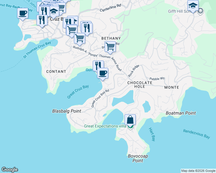 map of restaurants, bars, coffee shops, grocery stores, and more near 23 Great Cruz Bay Road in Cruz Bay